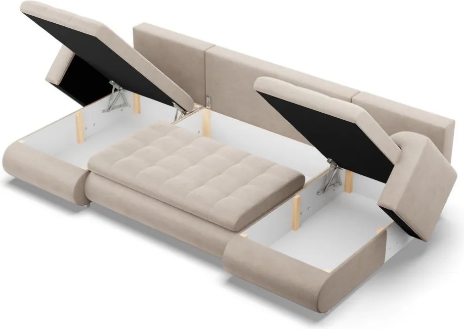 Tokio U alakú sarokkanapé, 3 ágyneműtartóval, bársony, univerzális oldal, bézs