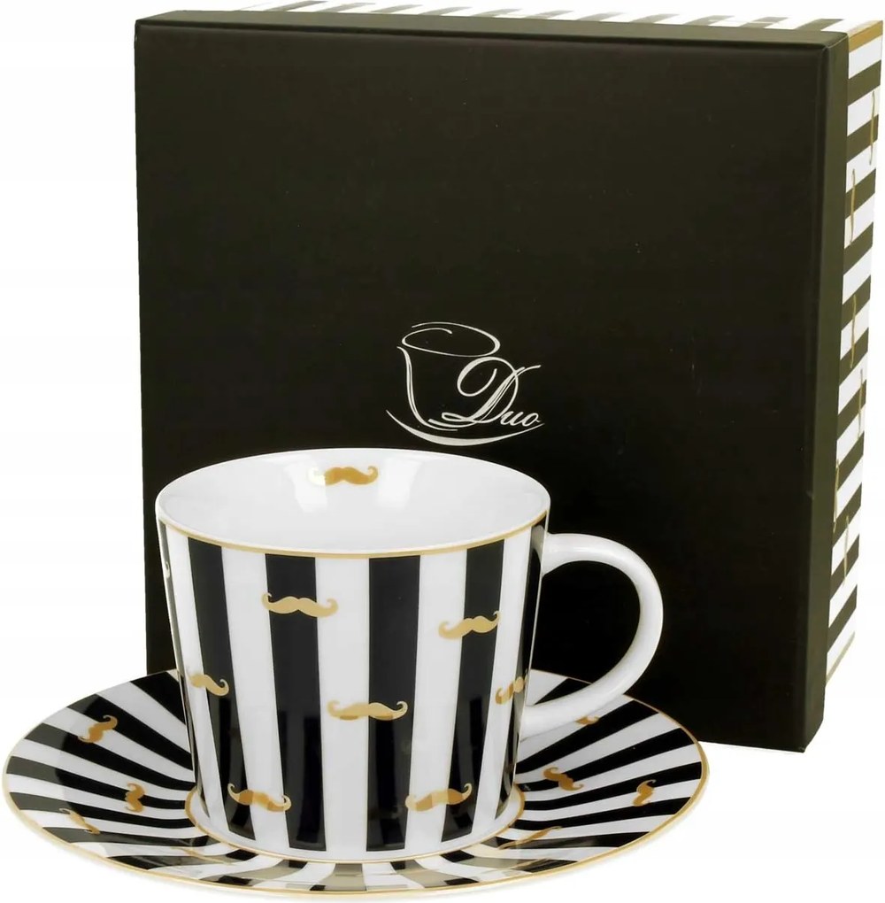 Csésze csészealjjal Bajusz csíkos 250 ml Ajándékdobozban Fehér-fekete