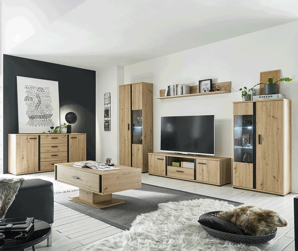 Nappali fal/szekrénysor, artisan tölgy/fekete, KANODE