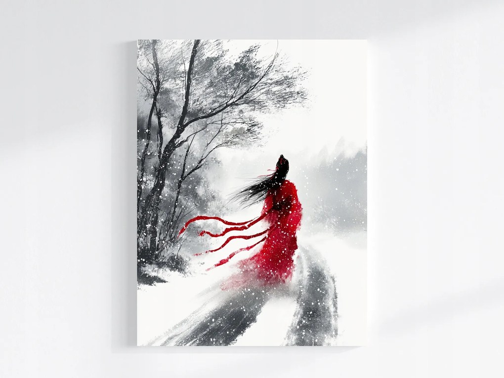 Vászonkép Canvas Tél Hó Hóvihar Figura Ázsia Sumi-e Tinta 75x100