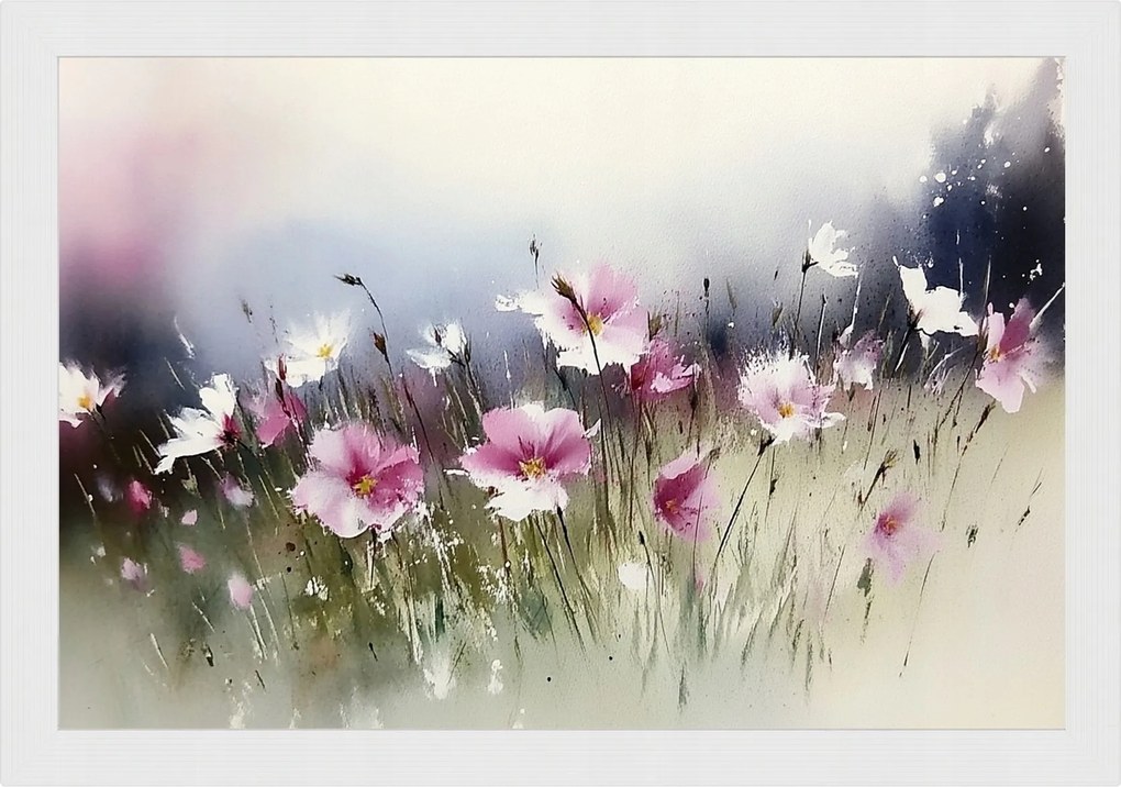 Poszter Keret Fa Akvarell Természet Kert Virágágyás Rózsaszín Virágok 60x40