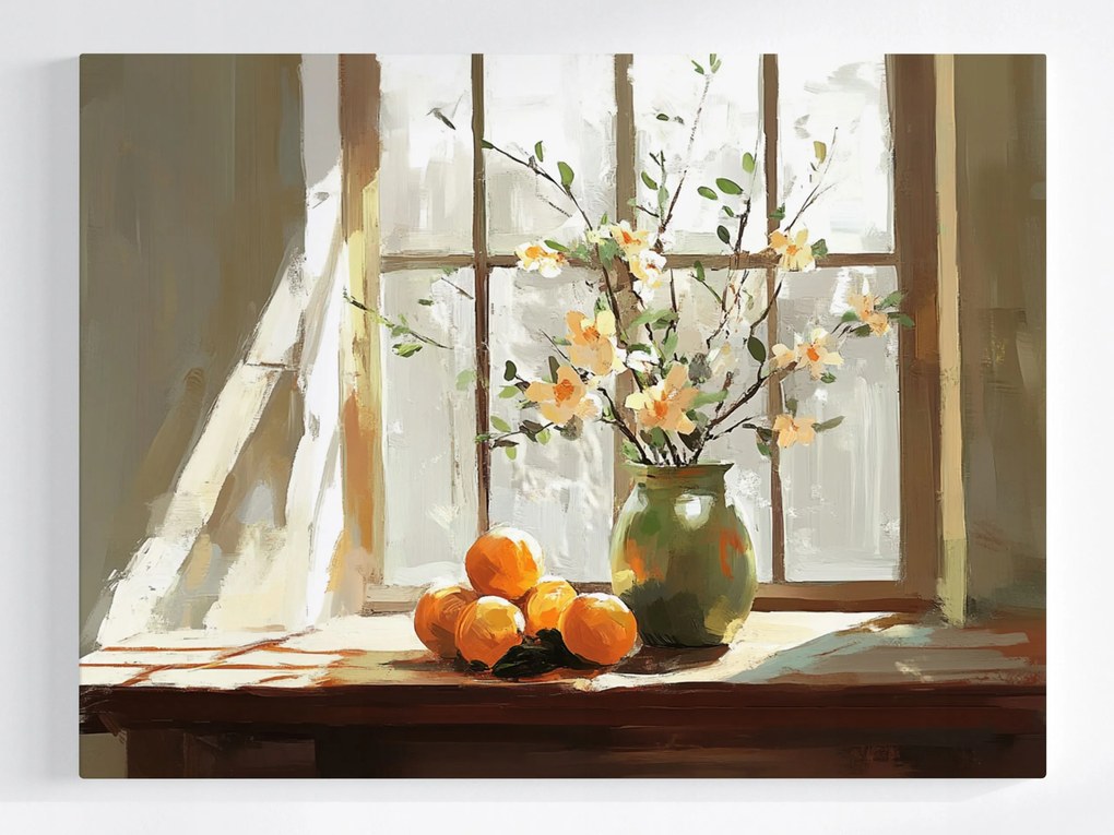 Vászonkép Canvas Ablak Virágok Váza Gyümölcsök Narancs Dekoráció 80x60