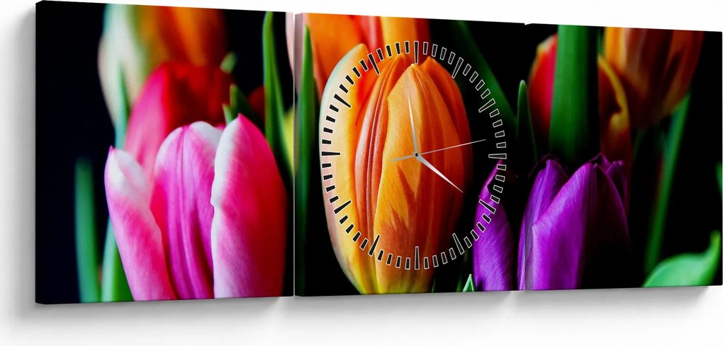 Tulipánok képe fekete alapon (órával) (90x30 cm)