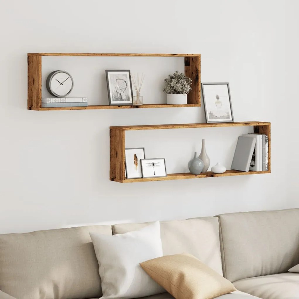 2 db antik fa színű szerelt fa fali kockapolc 100 x 15 x 30 cm