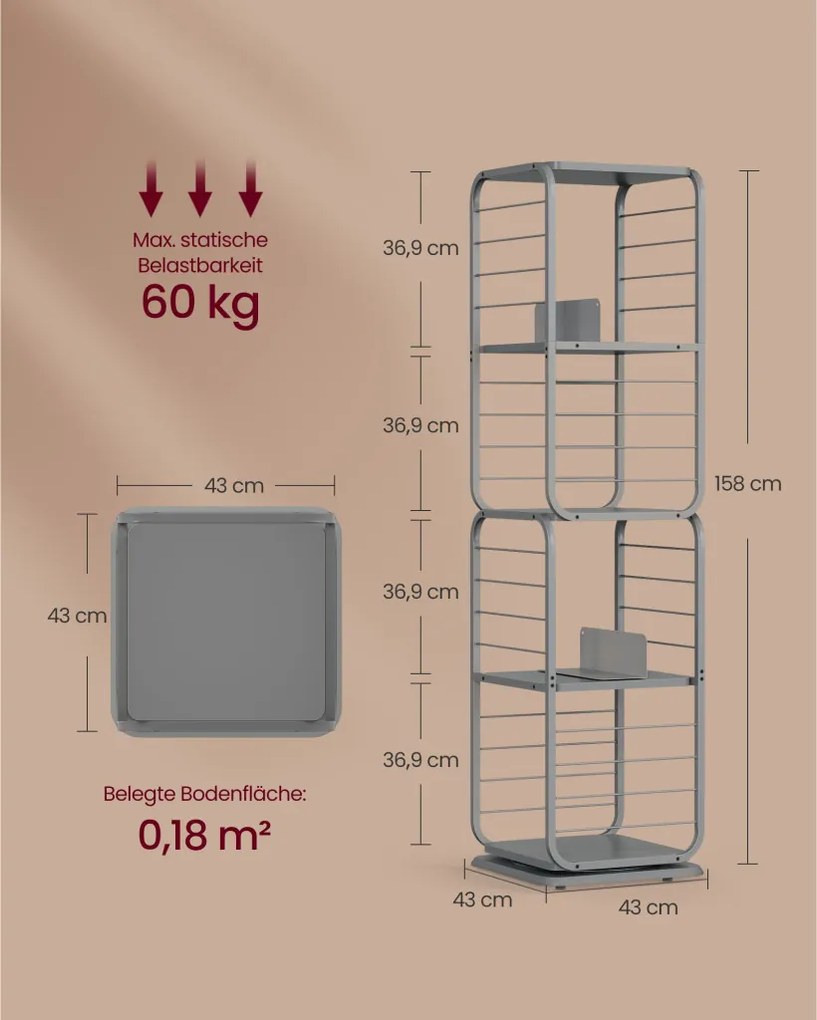 Könyvespolc, 360°-ban forgatható acél polc, 4 szintes, 43x43x158cm