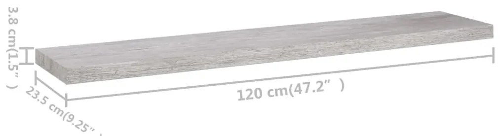 2 db betonszürke MDF lebegő fali polc 120 x 23,5 x 3,8 cm