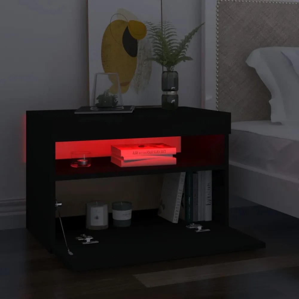 2 db fekete éjjeliszekrény LED-lámpákkal 60x35x40 cm szerelt fa