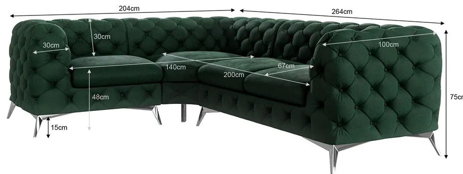 Sötétzöld bársony sarokkanapé (bal oldali-L alakú) Chelsea – Ropez