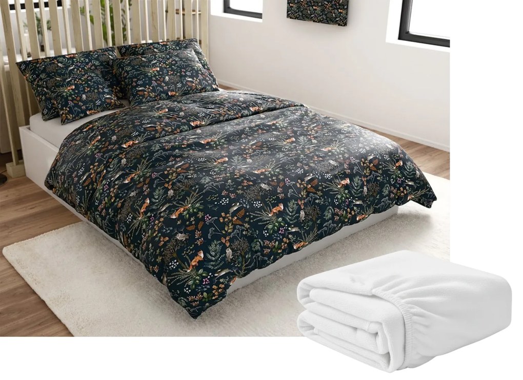 Mikroplüss ágyneműhuzat szett RÓKA ÉS NYÚL sötétzöld + mikroplüss lepedő SOFT 90x200 cm fehér, egyszemélyes