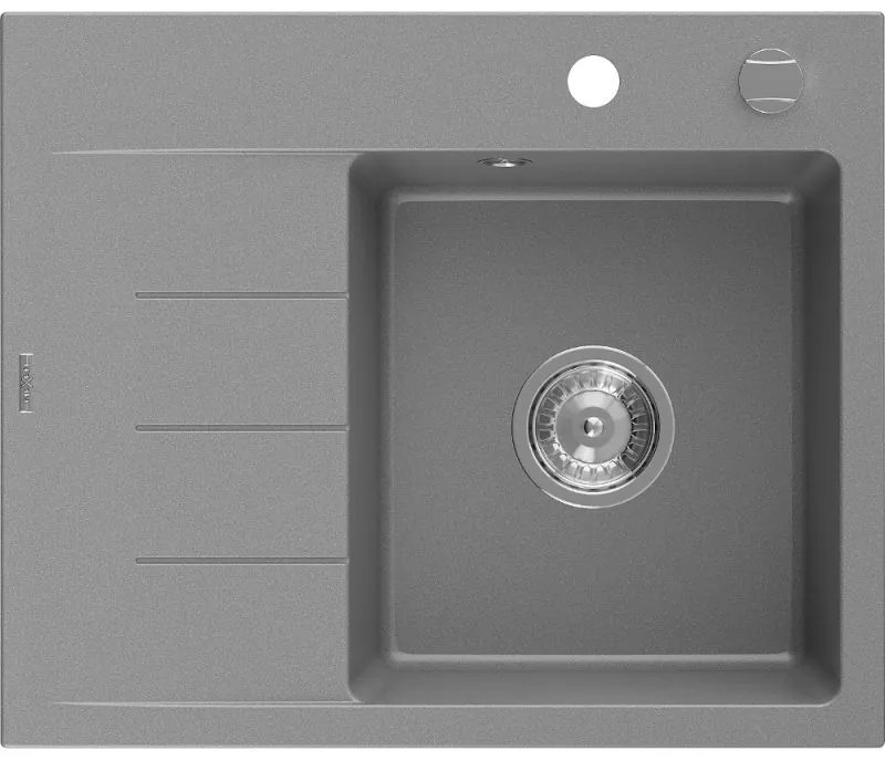 Mexen Ben gránit mosogató 1 rekeszes csepegtetővel, jobb oldali 600 x 500 mm, szürke, króm szifonnal - 6523605000-71