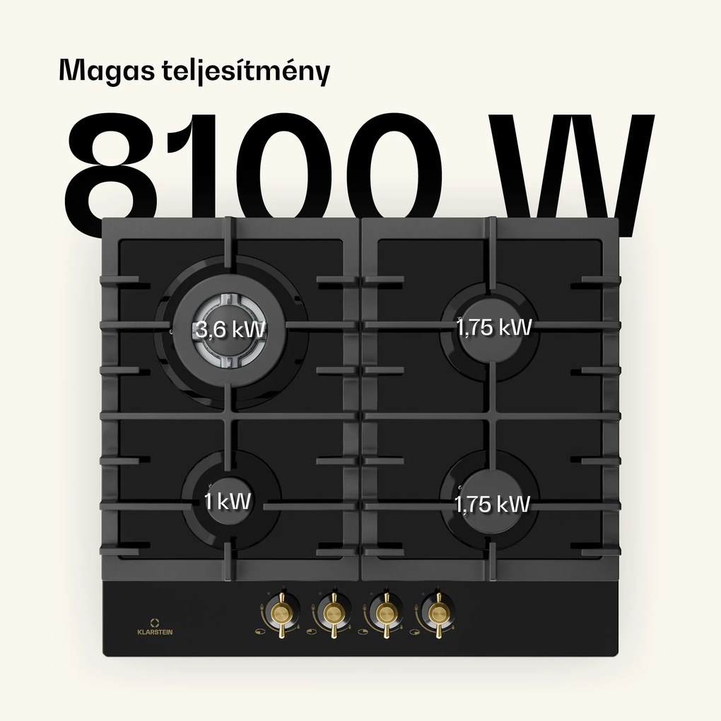 Klarstein Victoria 4, gázfőzőlap, 4 gázégő, üvegkerámia, fekete