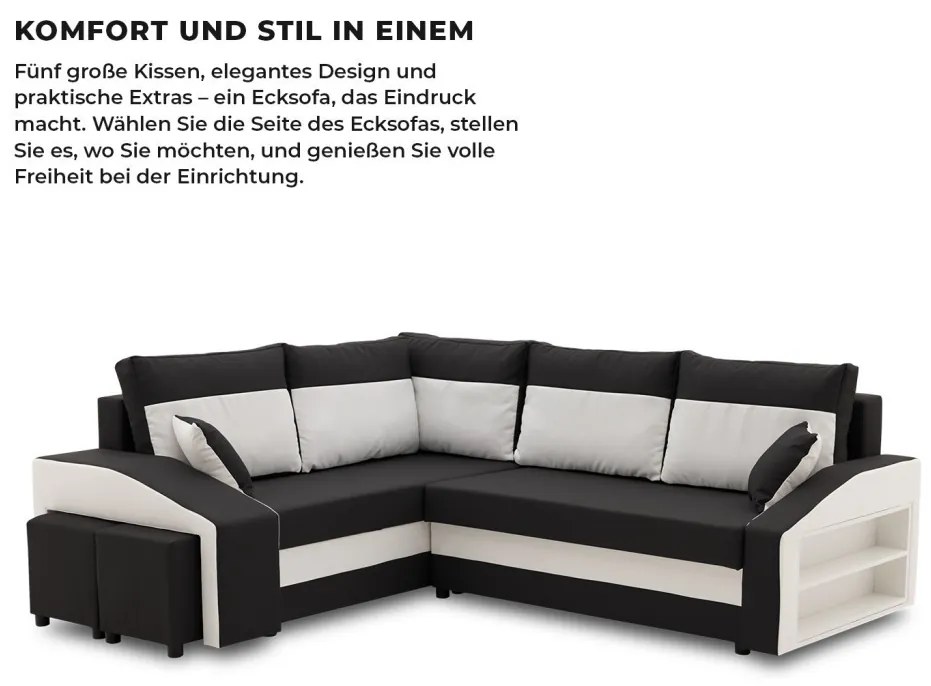 Grande sarokkanapé polcokkal és puffokkal , polc a jobb karfaban puffok a bal karfaban, baloldali, szövet anyag, bonell töltet, fekete - fehér