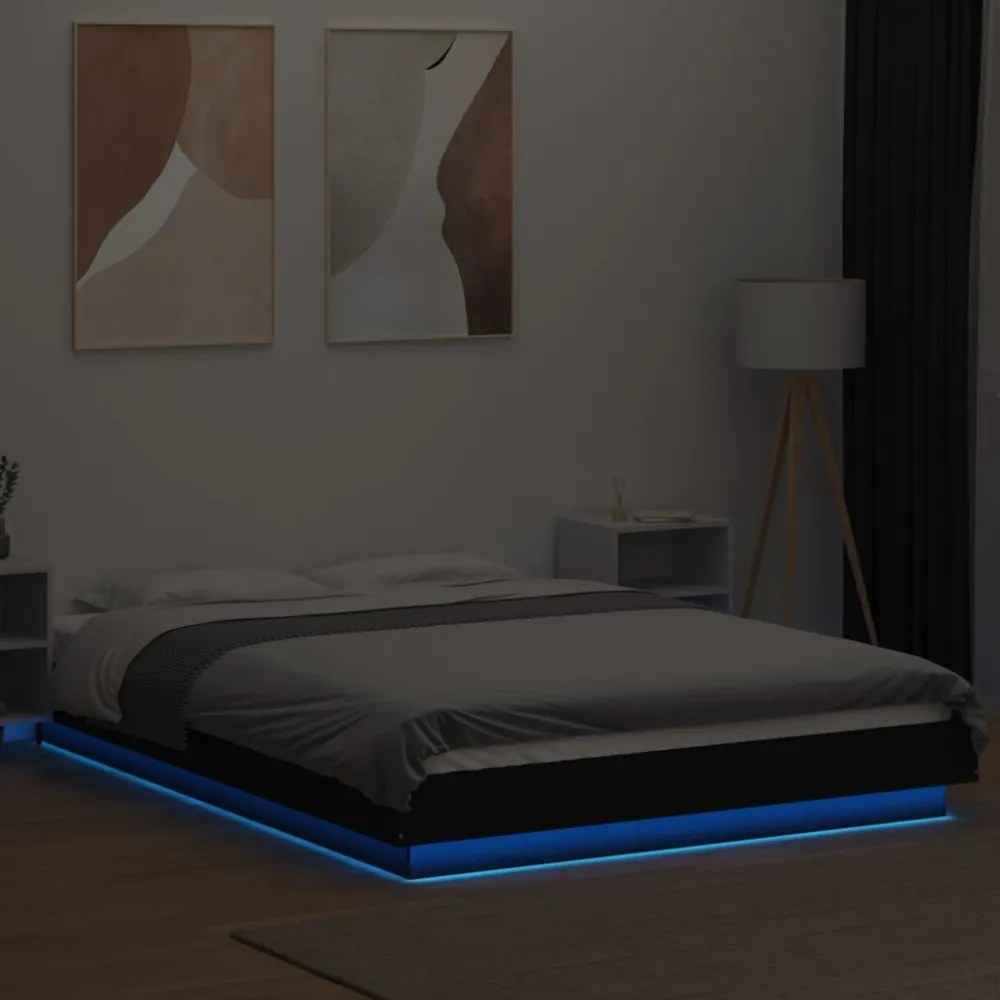 fekete szerelt fa ágykeret LED-világítással 120 x 200 cm