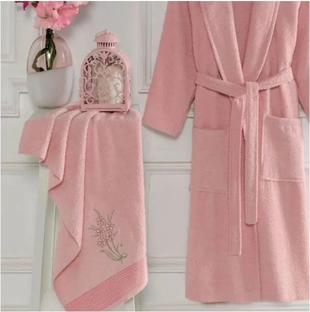Rózsaszín pamut fürdőköpeny és törölköző szett S/M – Mila Home
