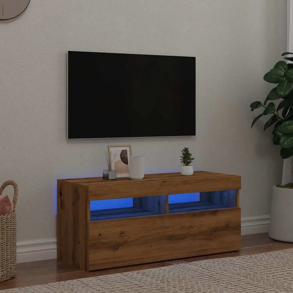 kézműves tölgy szerelt fa TV-szekrény LED-ekkel 90x35x40 cm