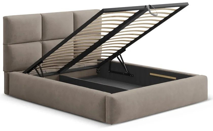 Világosbarna kárpitozott ágyneműtartós franciaágy ágyráccsal 200x200 cm Libera – Windsor & Co Sofas