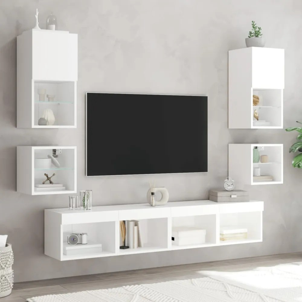 2 db fehér falra szerelhető TV-szekrény LED-ekkel 30x28,5x30 cm