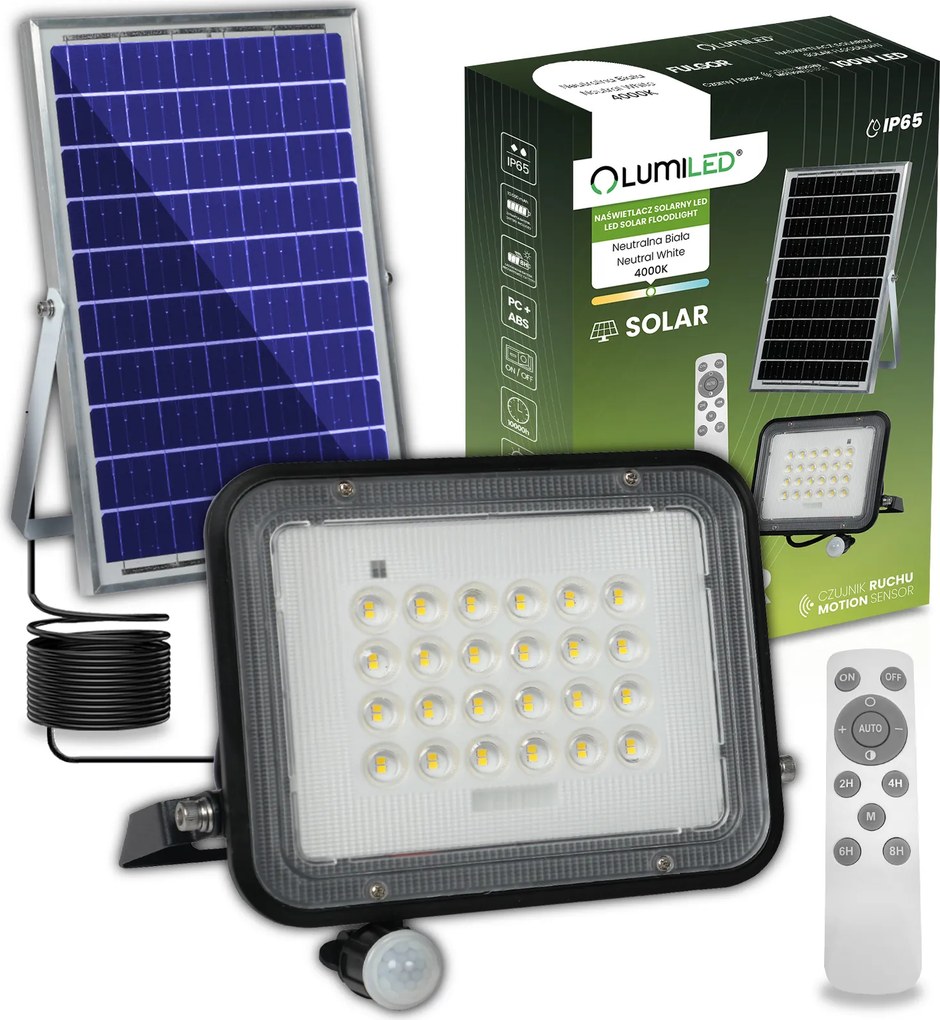 Napelemes Led halogén fényvető 100W kerti lámpa IP65 Pir érzékelő távirányító