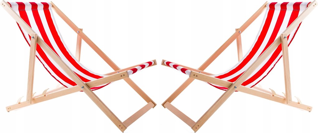 2X Összecsukható Fa Kerti Napozóágy Woodok Piros Csíkokkal