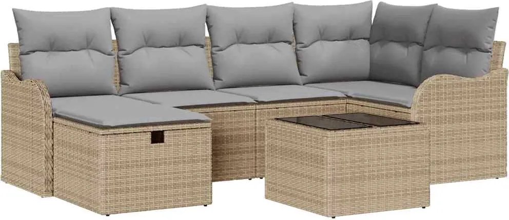 vidaXL Kerti Kanapé Szett párnával tárolóval 7 pcs Bézs Poli rattan