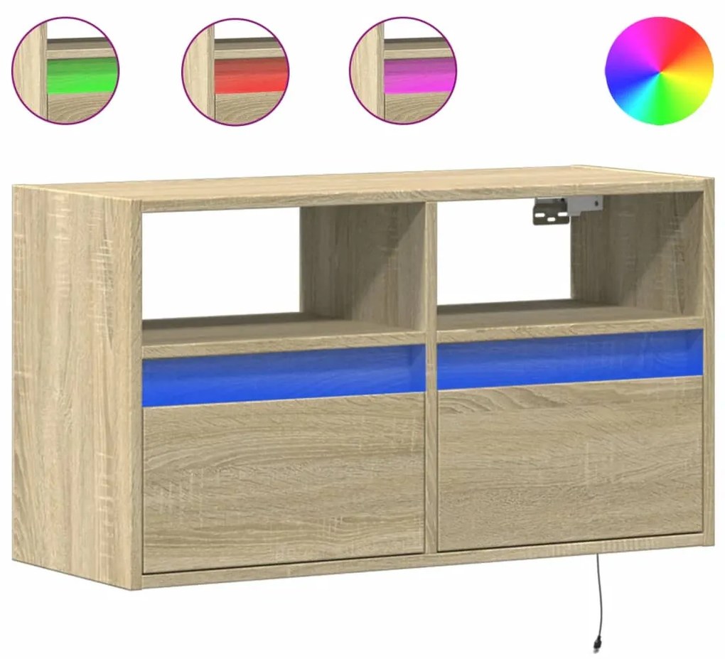 sonoma tölgy színű fali TV-szekrény LED-ekkel 80x31x45 cm