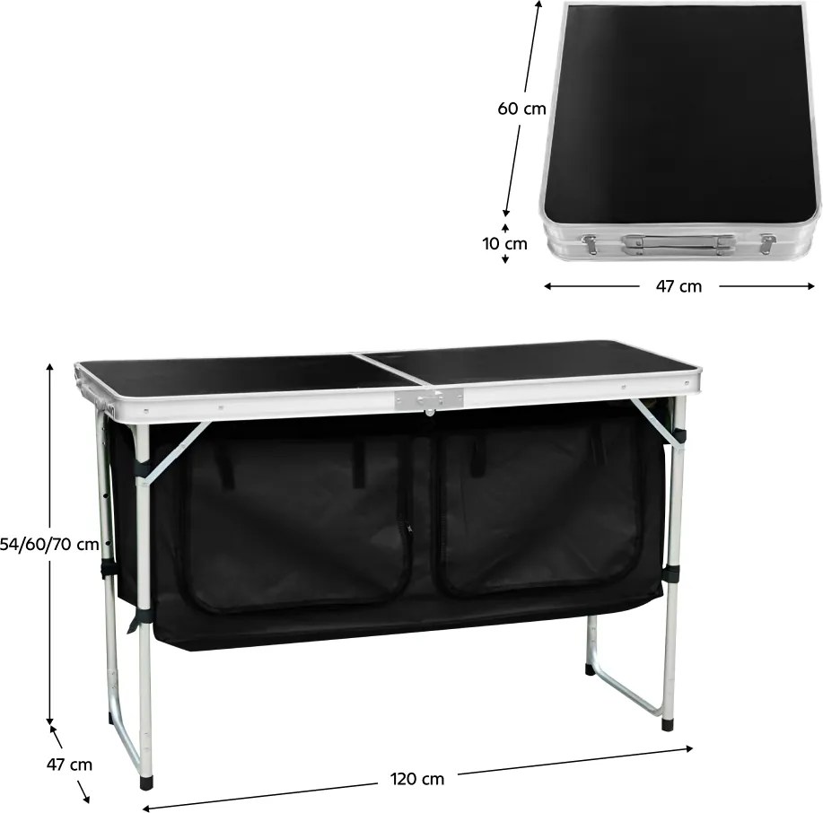 Összecsukható kempingasztal rendszerezővel, 120 cm, alumínium/MDF, KEPI TYP 3