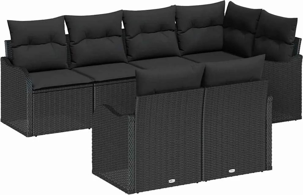 vidaXL Kerti Kanapé Szett párnával tárolóval 7 pcs Fekete Poli rattan