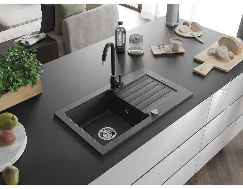 Mexen Pablo, gránit mosogató 752x436x161 mm, 1 kamrás és fekete Telma csaptelep, fekete foltos, 6510-76-670200-70