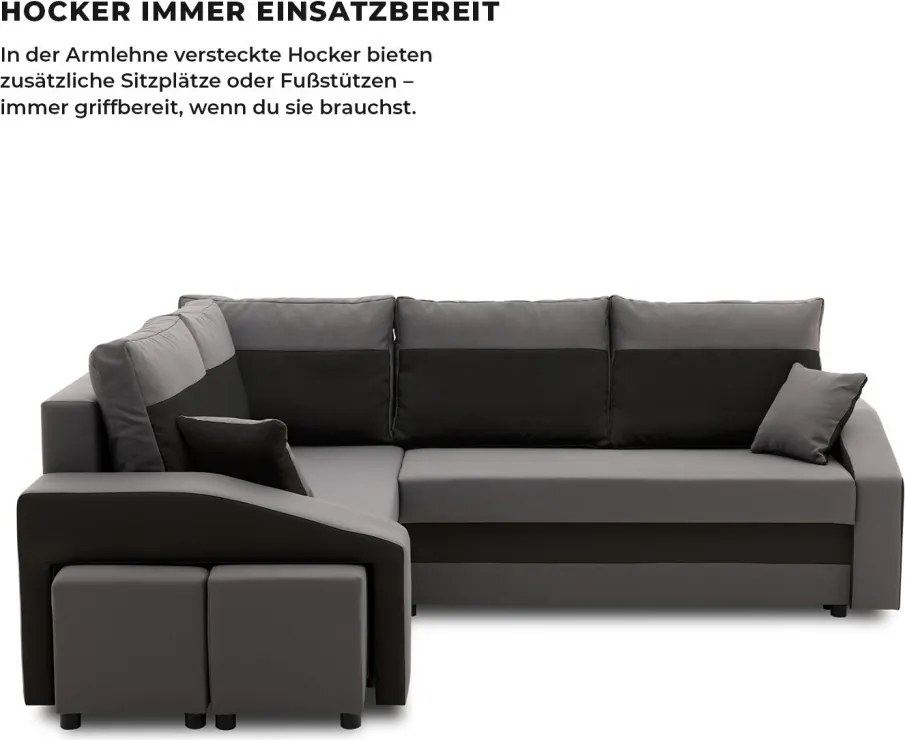 Grande sarokkanapé polcokkal és puffokkal , polc a jobb karfaban puffok a bal karfaban, baloldali, szövet anyag, bonell töltet, szürke - fekete