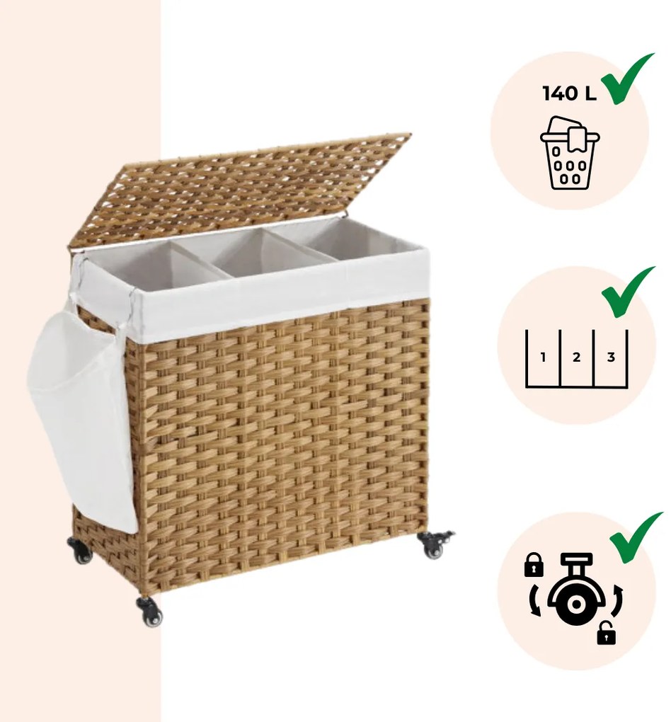 AVA műrattan ruháskosár kerekekkel, 140l, természetes barna SongmicsHome