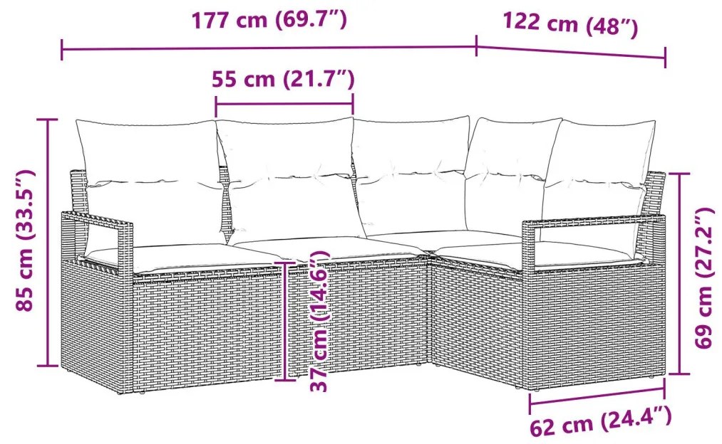 4 darabos kertibútor szett párnákkal, világosszürke, poli rattan, 2 személyes kertibútor párnákkal, szürke, poli rattan