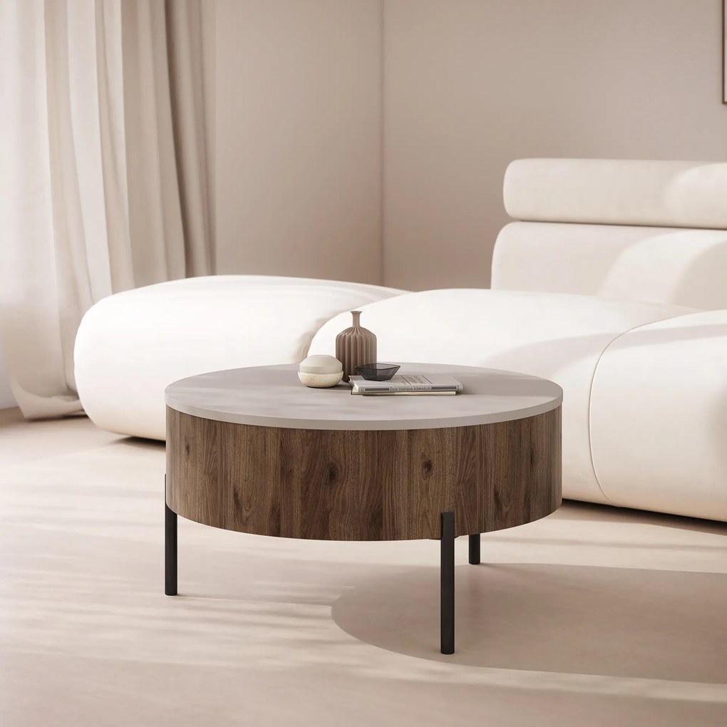 Mazzoni FRIDA Bézs Taupe / Elegáns Diófa – MODERN DOHÁNYZÓASZTAL FELHAJTHATÓ LAPPAL ÉS TÁROLÓVAL