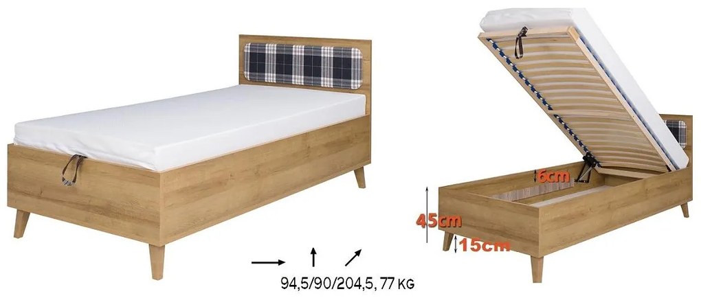 Egyszemélyes ágy 90 cm Mimone P (arany tölgy) (ágyráccsal). 1051789