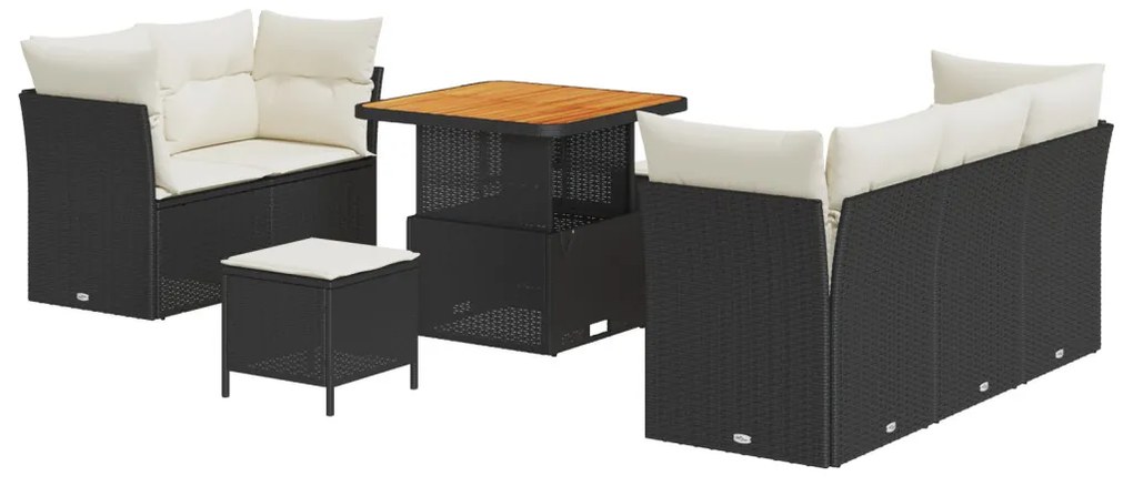 8 részes kerti kanapé szett párnákkal fekete poly rattan akáccal, 3 részes kerti étkező szett párnákkal fekete poly rattan akáccal