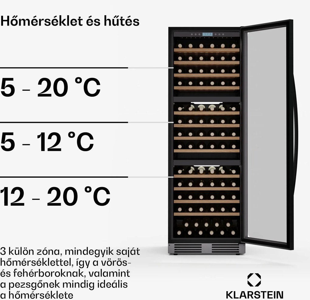 Klarstein Vinovilla Trio borhűtő, 143 palack, 3 zóna, 38 dB, 12 polc, kompresszor, 413 liter