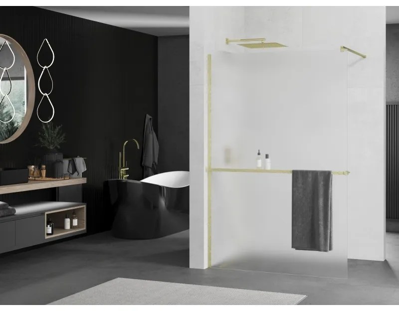 Mexen Kioto+, Walk-In zuhany paraván polccal és akasztóval 110 x 200 cm, 8 mm-es matt üveg, arany matt profil, 800-110-121-55-30