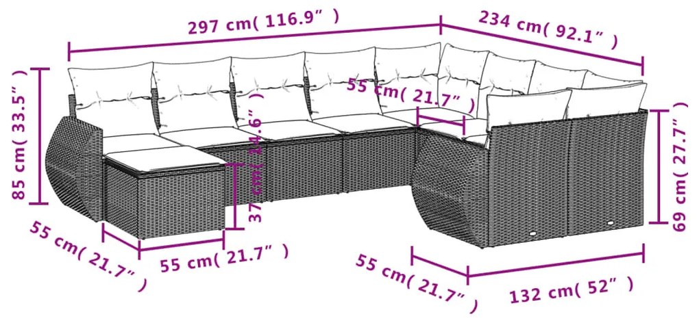 10 részes fekete polyrattan kerti ülőgarnitúra párnákkal