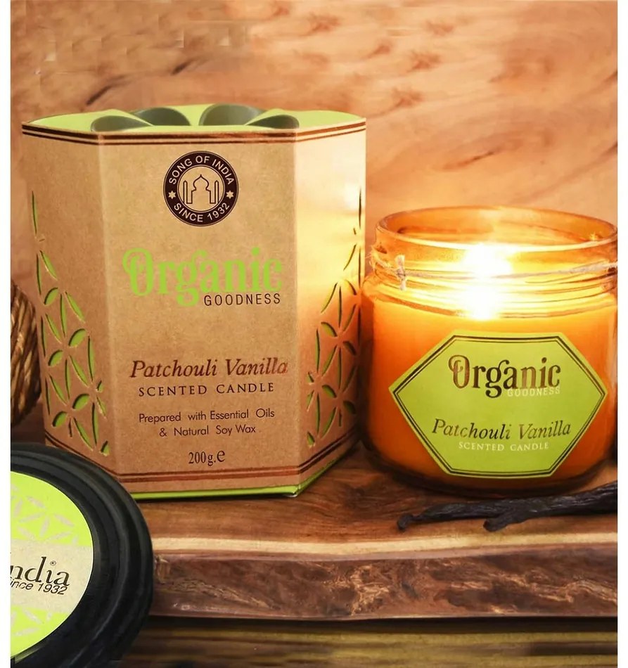 Organikus gyertya Patchouli Vanilla 200 gborostyánszínű üvegben