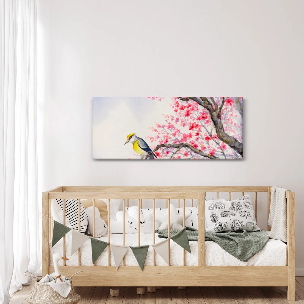 Kép - Madár egy fán, piros virágokkal (120x50 cm)