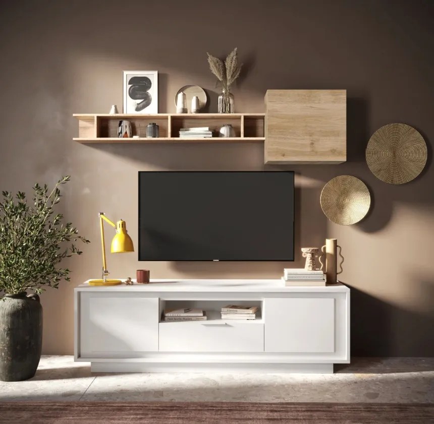 SKY 2.0 TV-szekrény 2 ajtóval és 1 fiókkal, fehér matt lakkozott vázzal és előlapokkal