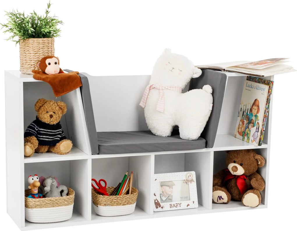 Gyerekkönyvtár ülőhellyel, fehér/szürke, FERIA