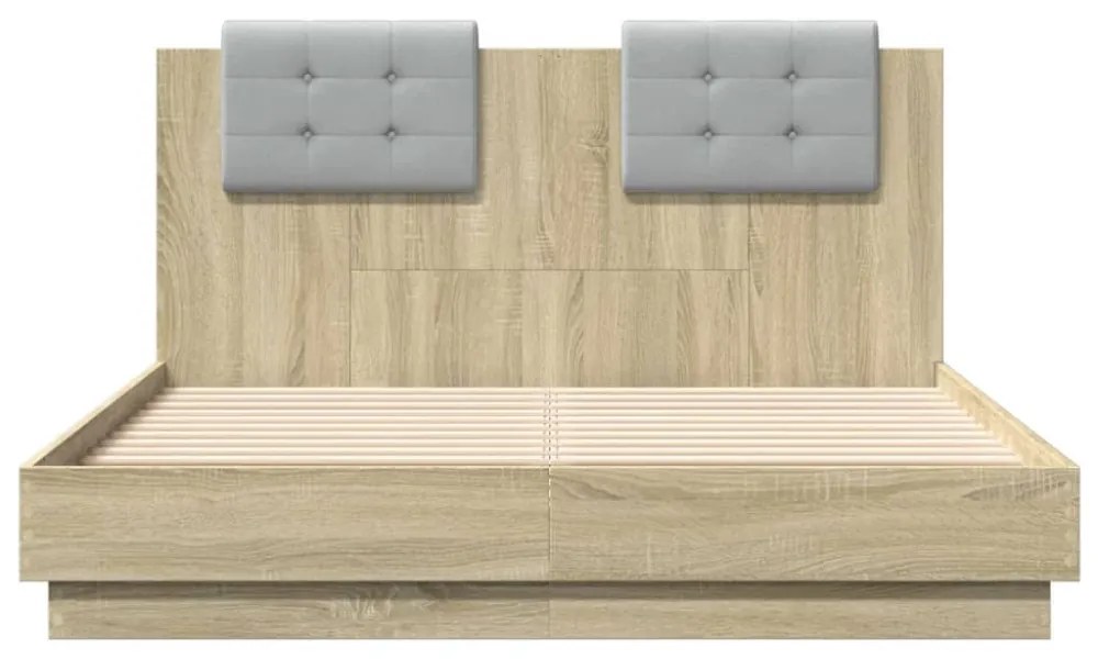 sonoma tölgy színű ágykeret fejtámlával és LED-ekkel 140x190 cm