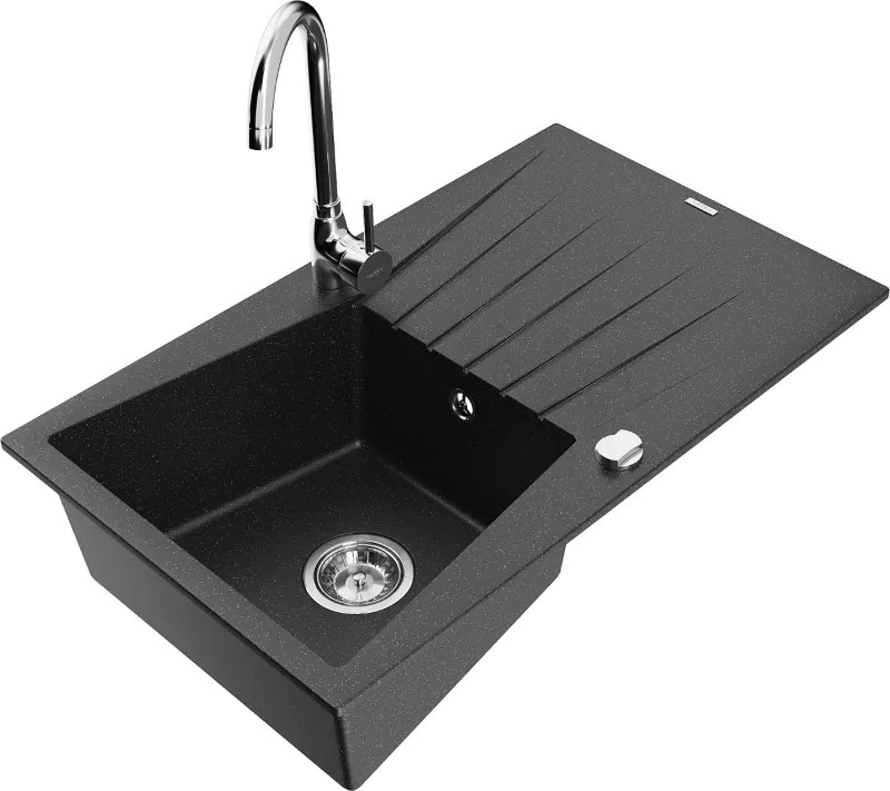 Mexen Cesar 1 rekeszes gránit mosogató csepegtetővel és Telma konyhai csapteleppel, fekete/ezüst - 6514-73-670200-00