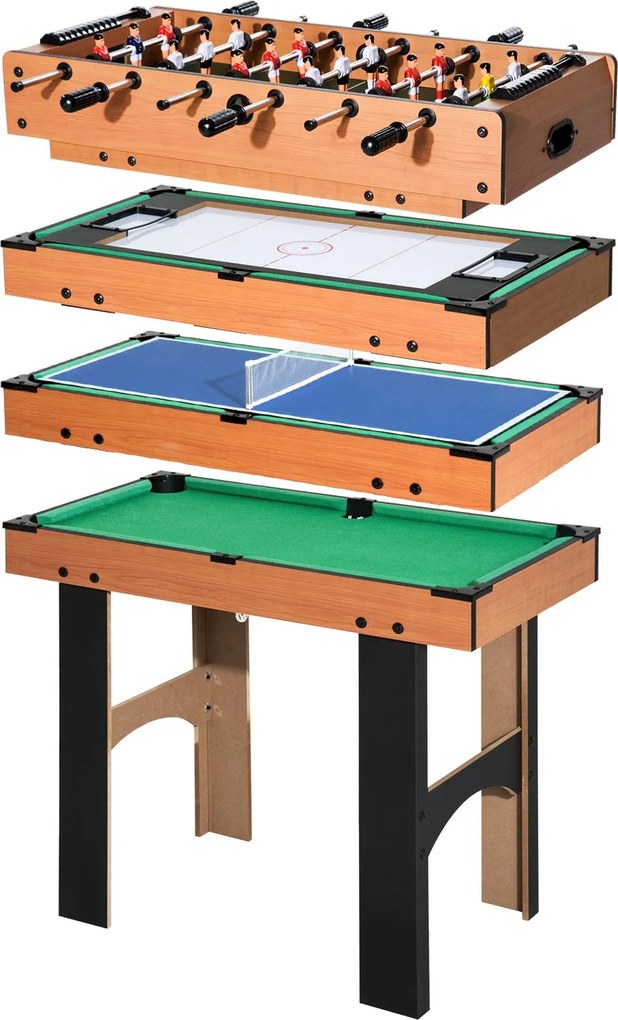 HOMCOM 4 az 1-ben Többjátékos Asztal – Asztali Foci, Jéghoki, Asztalitenisz, Kártya – Multifunkcionális Játékasztal MDF-ből, 92 x 78 x 80 cm | Aosom