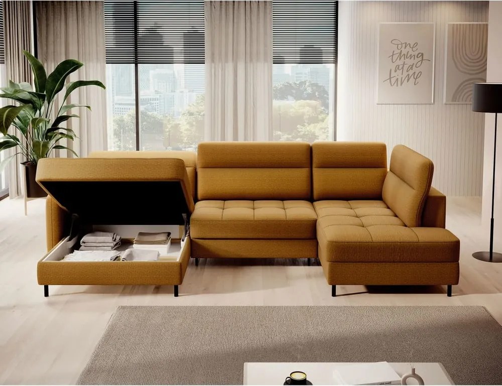 Sárga bársony kinyitható-tárolóhelyes sarokkanapé (jobb oldali-U alakú) Berrto – ELTAP
