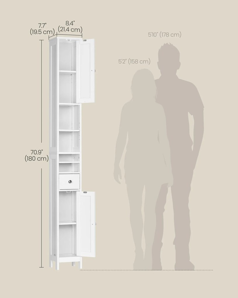 180cm Magas fürdőszobai szekrény, keskeny, állítható polcokkal, modern, felhőfehér