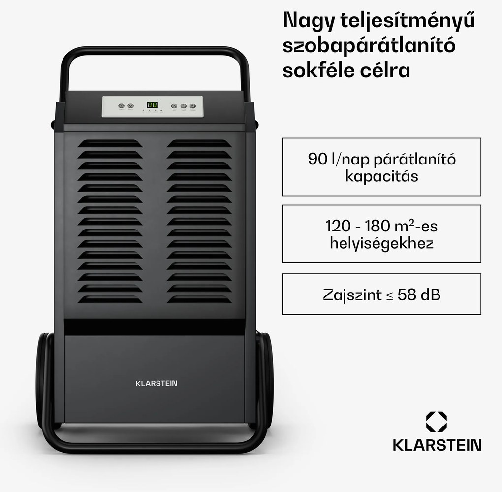Klarstein DuraDry 90L páramentesítő, 90 l/nap, 120-180 m², rozsdamentes acél, mobil, 450 m³/h