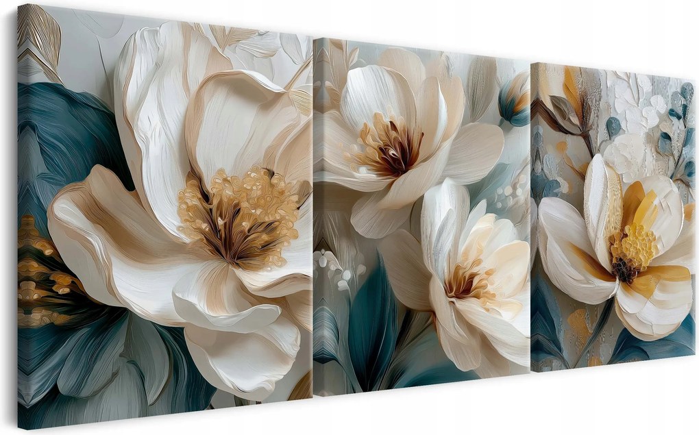 Modern fali dekoráció Triptichon Krém Virágok Képek a nappaliba 90x180