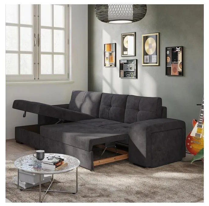 Ágyazható kanapé tárolóval és puffal PALERMO, fekete, baloldali
