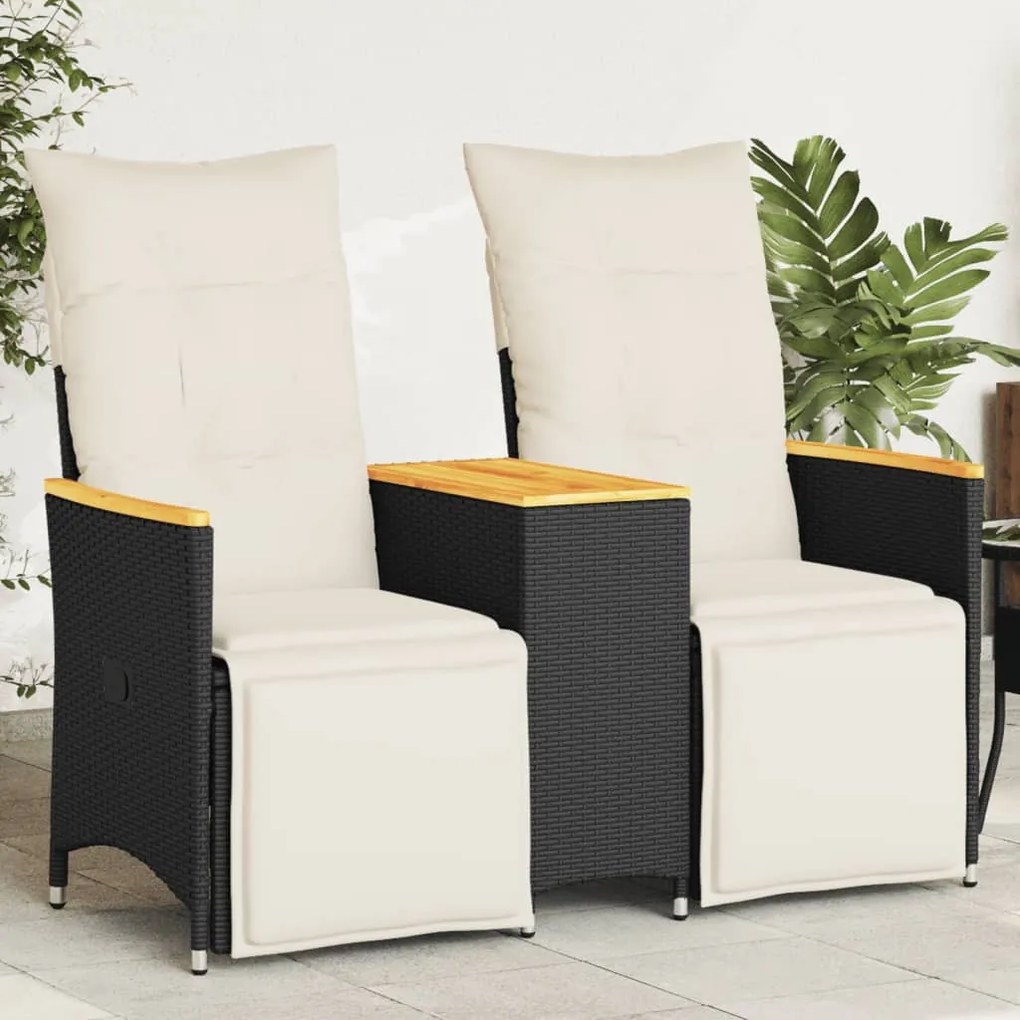 2 személyes fekete polyrattan dönthető kerti kanapé asztallal